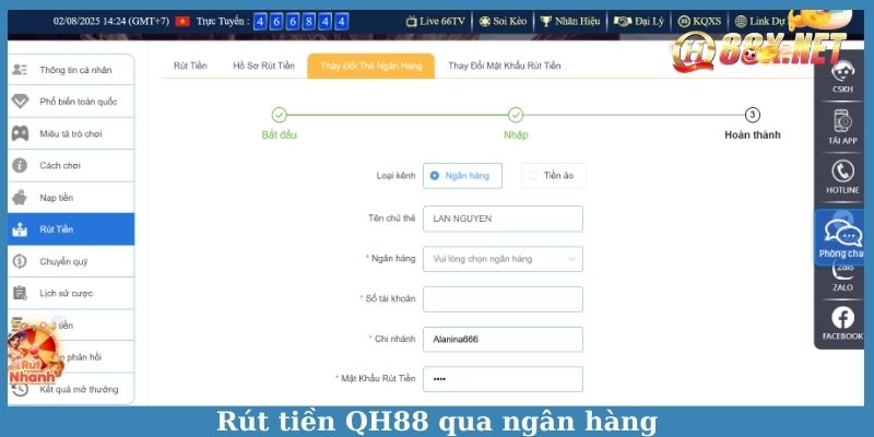 Rút tiền QH88 qua ngân hàng